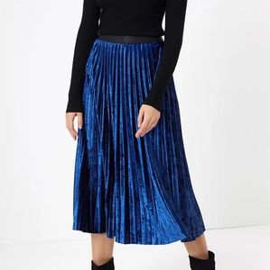 Blue Velvet Pleated Midi Skirt